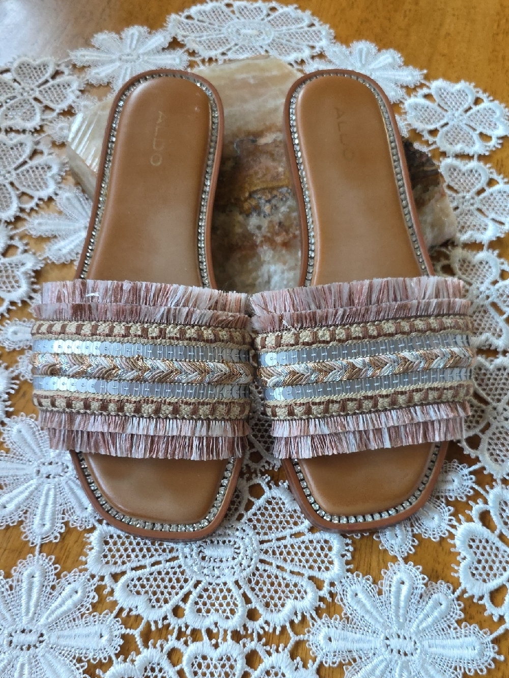 Aldo Coralya Flat Slide Light Pink Fringe & Embellished Sandals Ladies Size 8